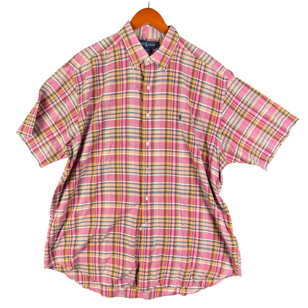 Ralph Lauren Blake 100% Cotton Plaid Short Sleeve Shirt Pink Orange Multi Men XL